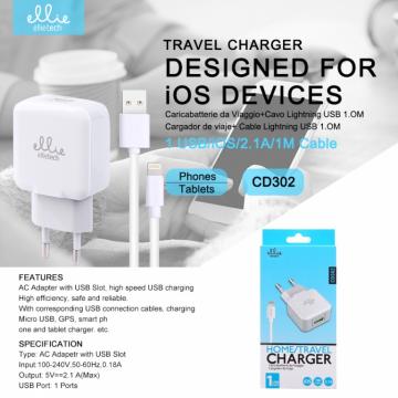 Ellietech CD302 Chargeur avec Câble pour Lightning 2.1A 1M Blanc